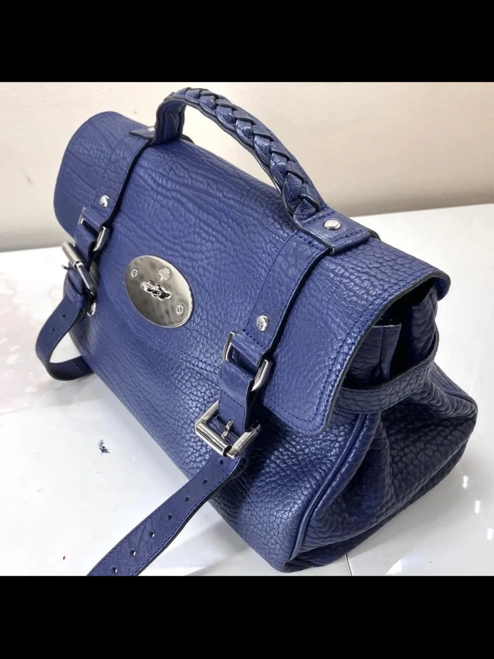 Mulberry Deep Blue Textured Leather Satchel with Top Handle